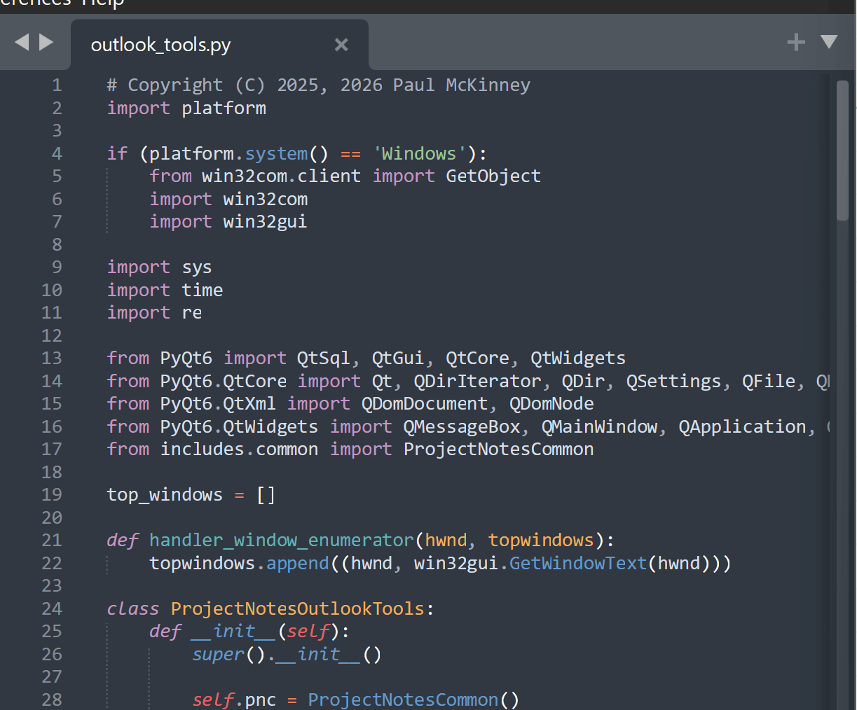 Project Notes Pro plugin editor showing Python plugin code alongside the project tracker