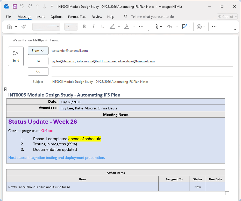 Project Notes Pro send meeting notes plugin showing formatted email being sent to attendees